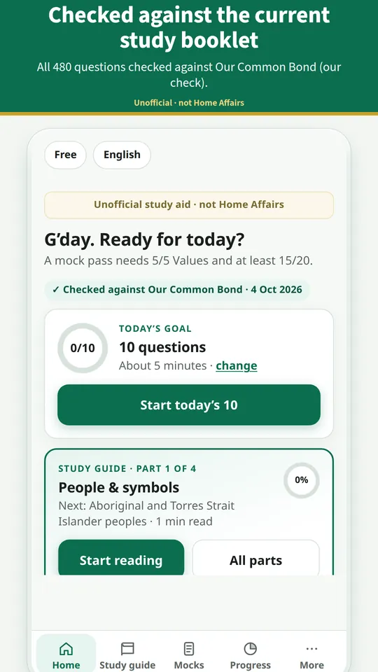 Home screen with the badge Checked against Our Common Bond, 4 October 2026.
