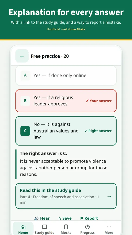 An answered question with its explanation and a study guide link.