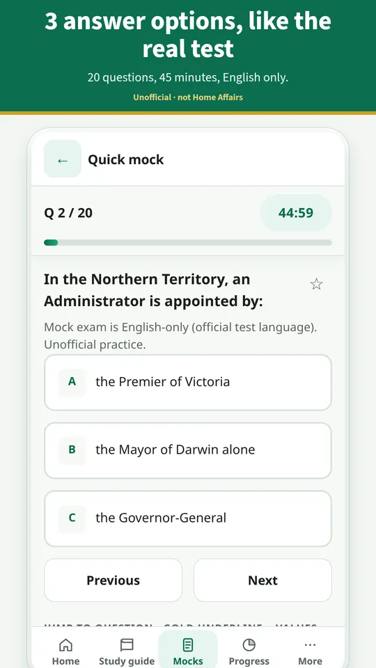 A timed mock question with three answer options.